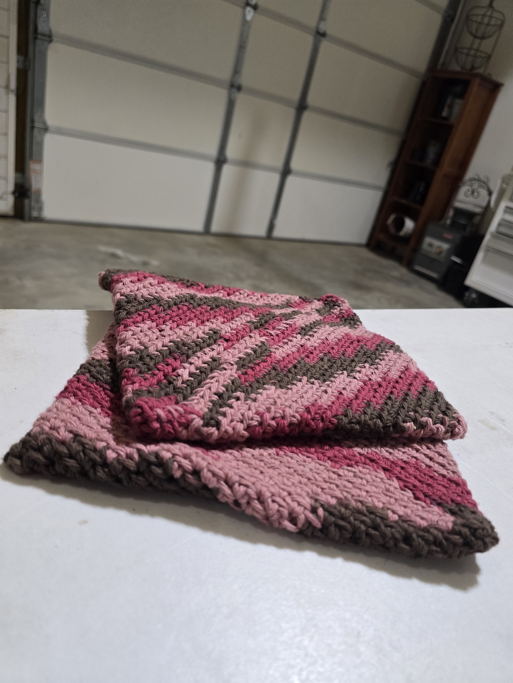 Handmade Pink Brown Crochet Hot Pads, Great At Keeping Warmth Away